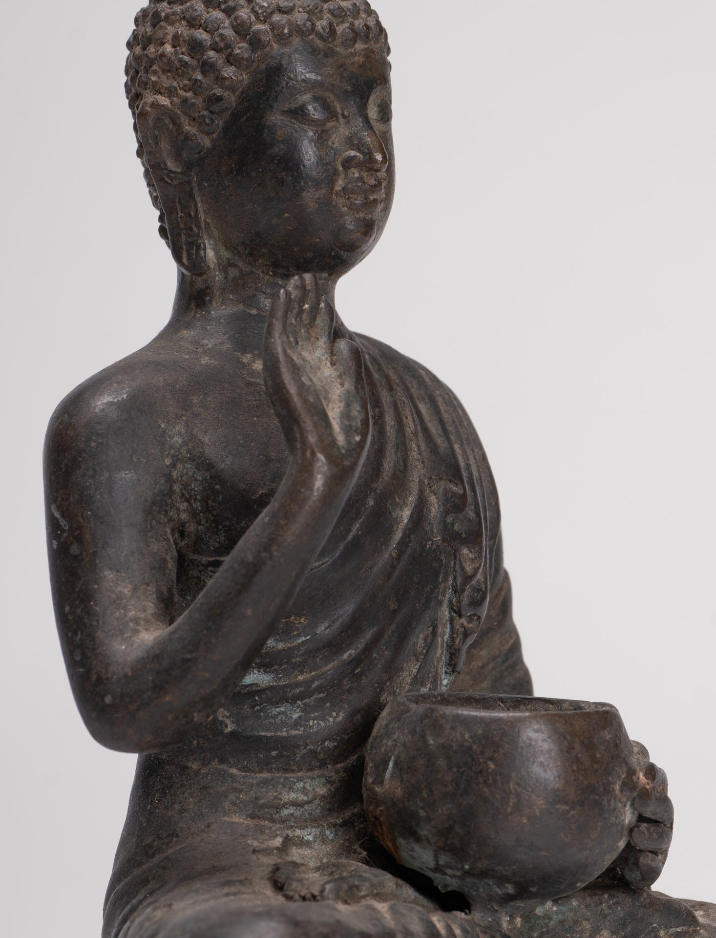 Antique Thai Style Bronze Chiang Saen Abhaya Protection Buddha Statue - 22cm/9"