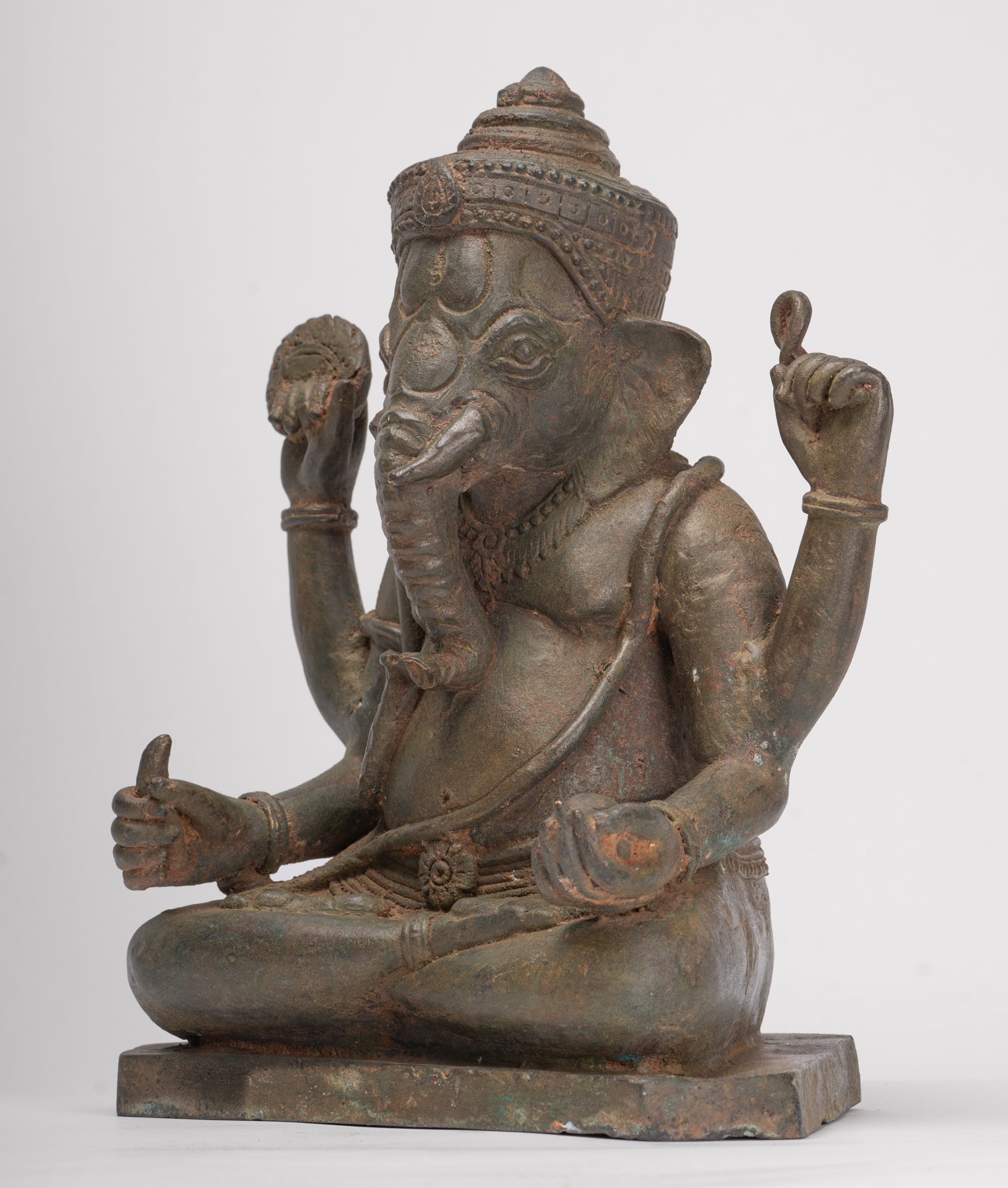 Antique Thai Style Bronze Seated Green 4-Arm Ganesha Statue - 31cm/12"