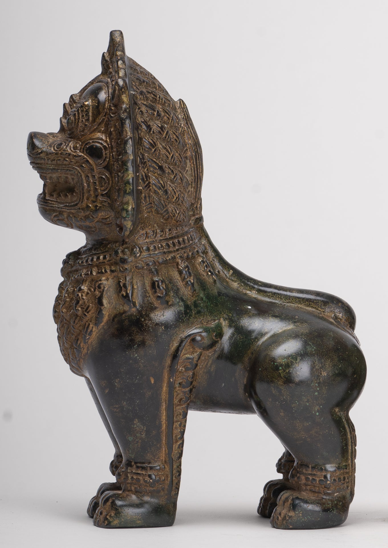 Temple Lions - Antique Khmer Style Bronze Standing Temple Guardian or Lions (Pair) - 21.5cm/9"