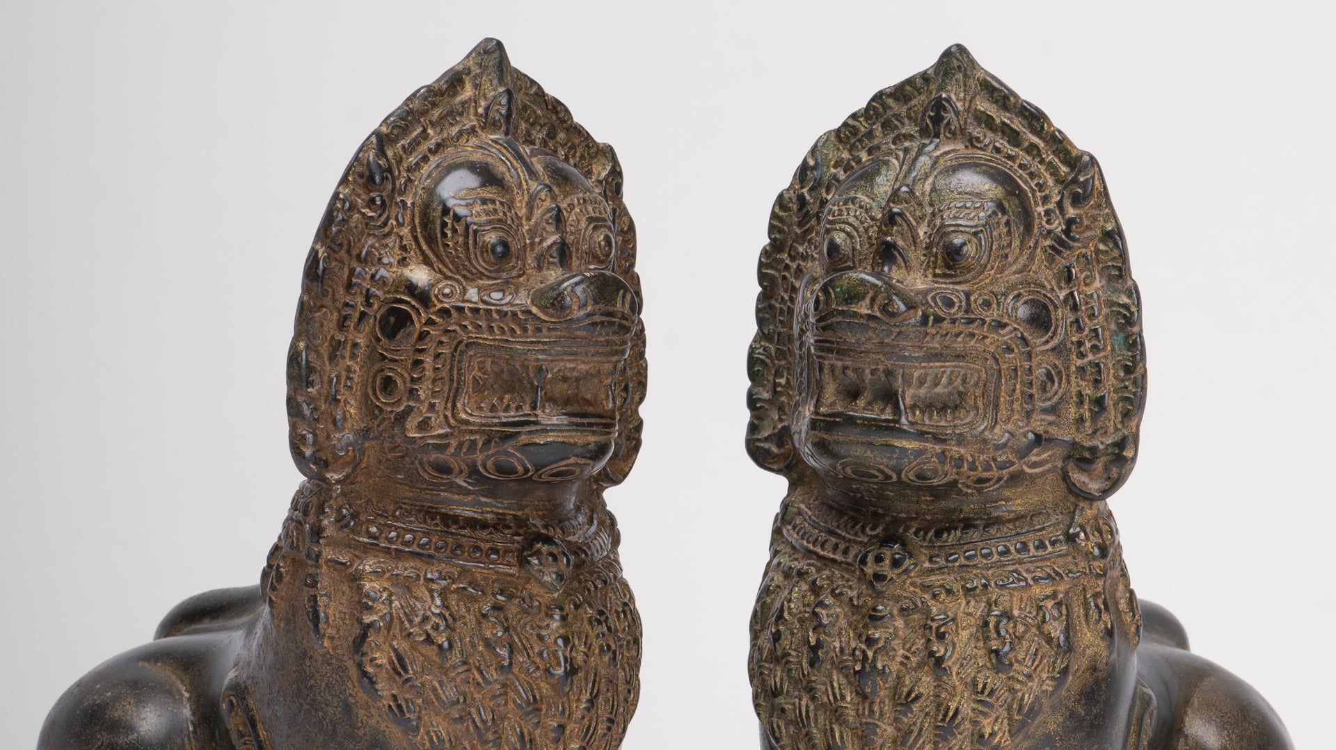 Temple Lions - Antique Khmer Style Bronze Standing Temple Guardian or Lions (Pair) - 21.5cm/9"