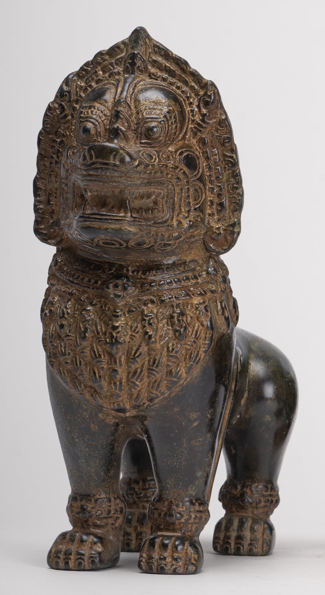Temple Lions - Antique Khmer Style Bronze Standing Temple Guardian or Lions (Pair) - 21.5cm/9"