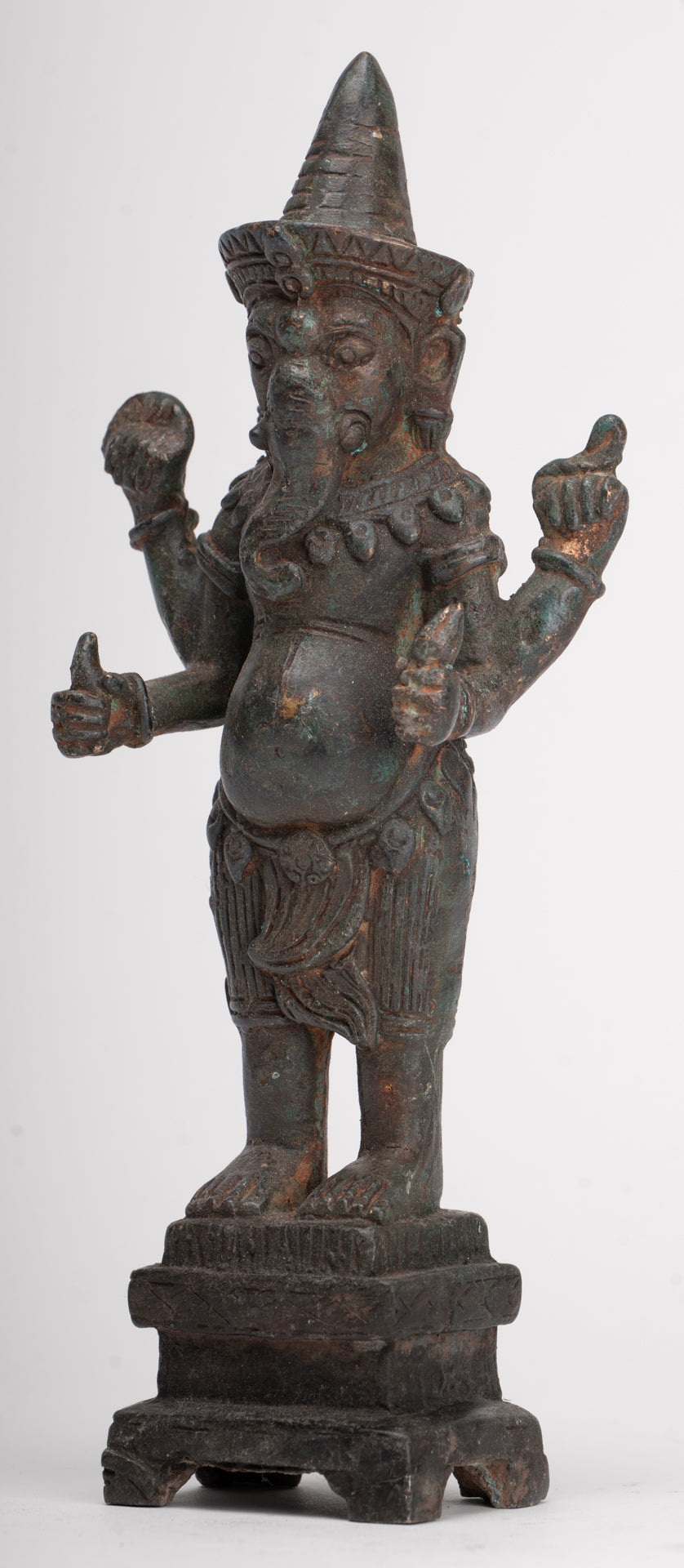 Ganesha Statue - Antique Thai Style Bronze Standing 4-Arm Ganesha Statue - 22.5cm/9"