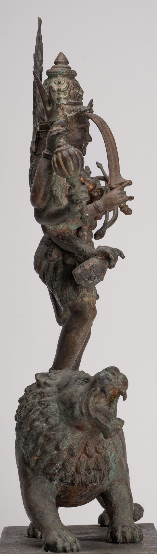 Kali Statue - Antique Java Style Majapahit Bronze Kali Statue on Roaring Lion - 54.5cm/22"