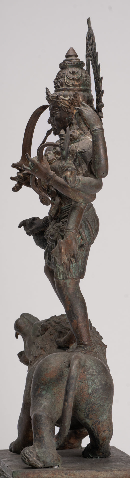 Kali Statue - Antique Java Style Majapahit Bronze Kali Statue on Roaring Lion - 54.5cm/22"