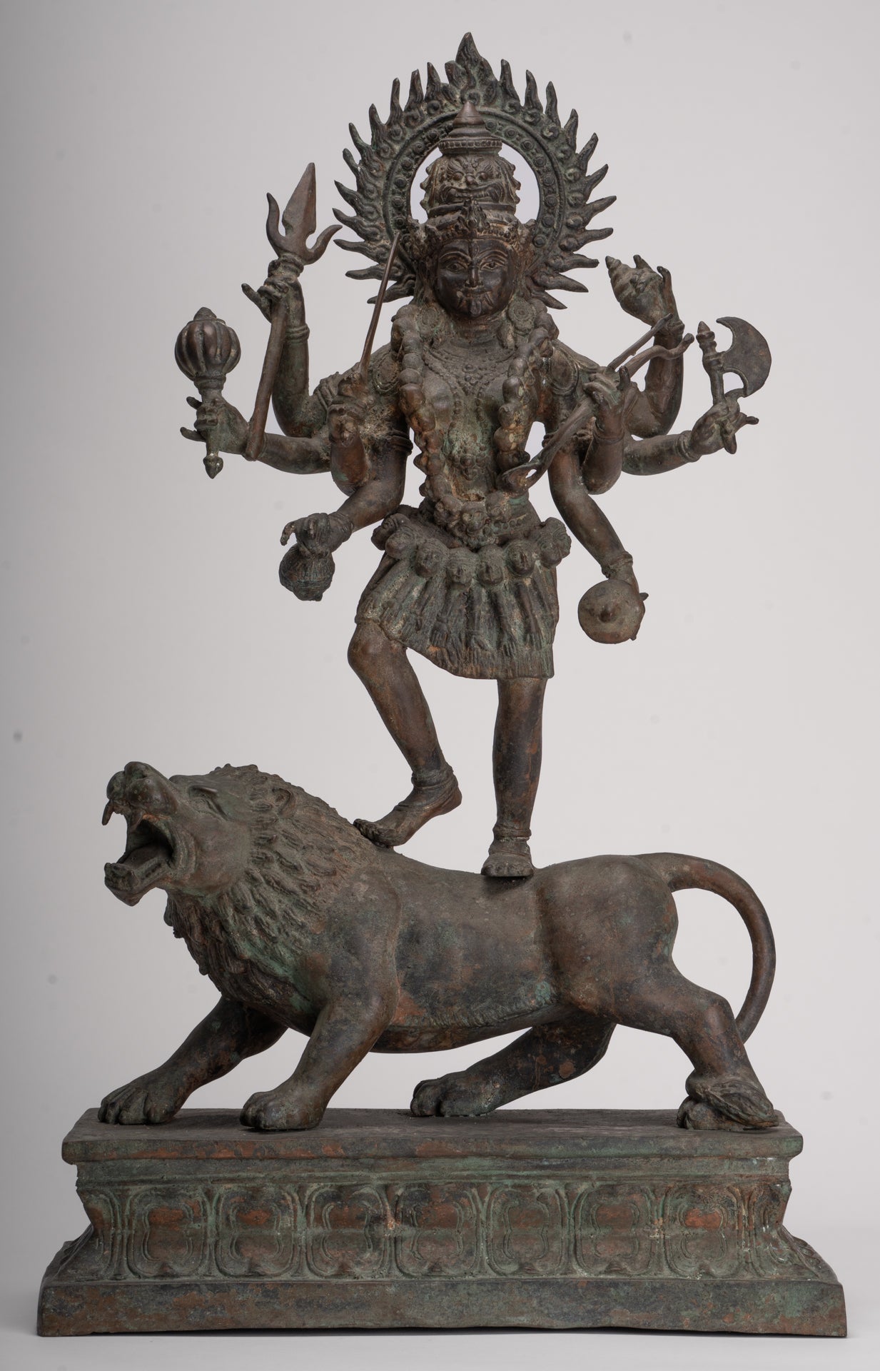 Kali Statue - Antique Java Style Majapahit Bronze Kali Statue on Roaring Lion - 54.5cm/22"