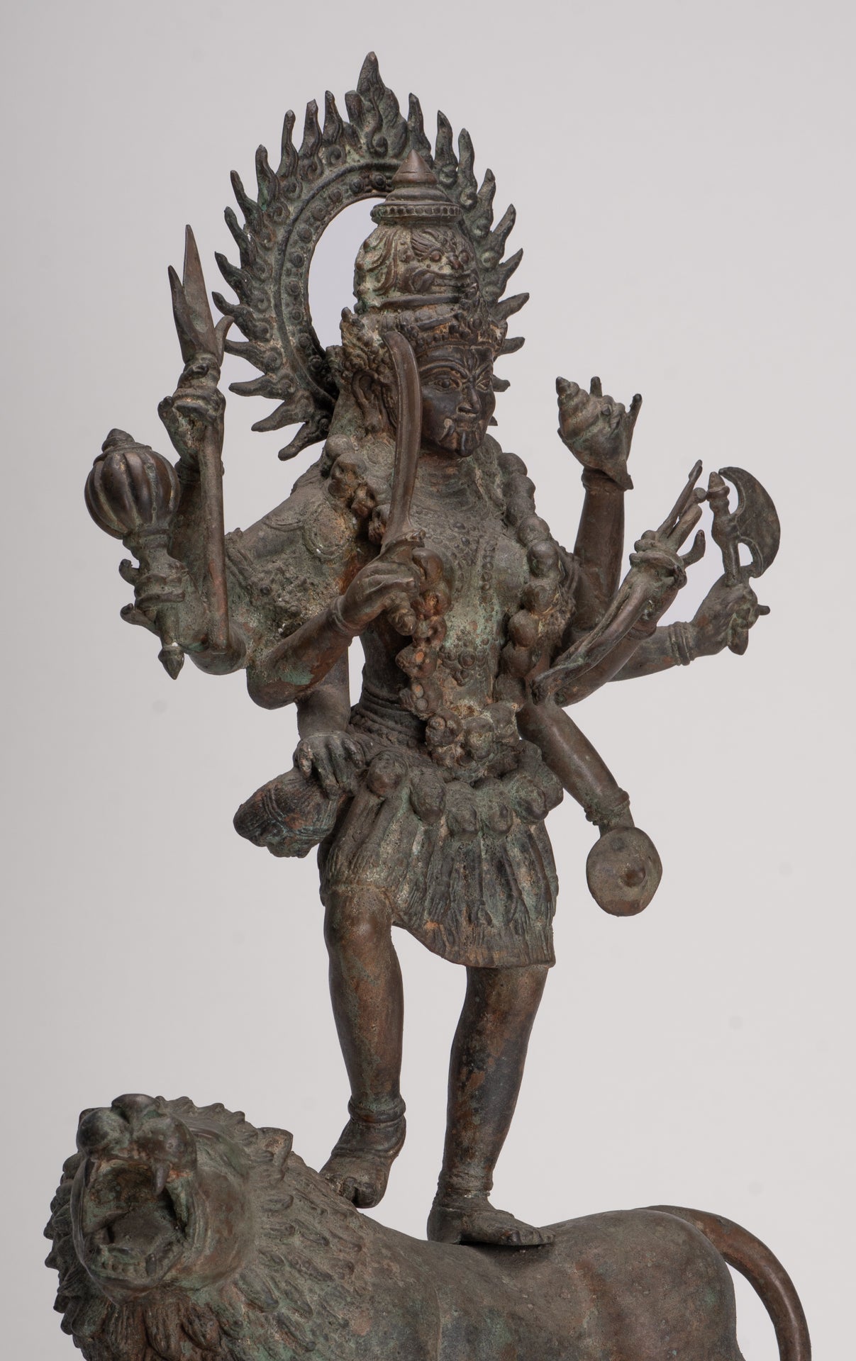 Kali Statue - Antique Java Style Majapahit Bronze Kali Statue on Roaring Lion - 54.5cm/22"