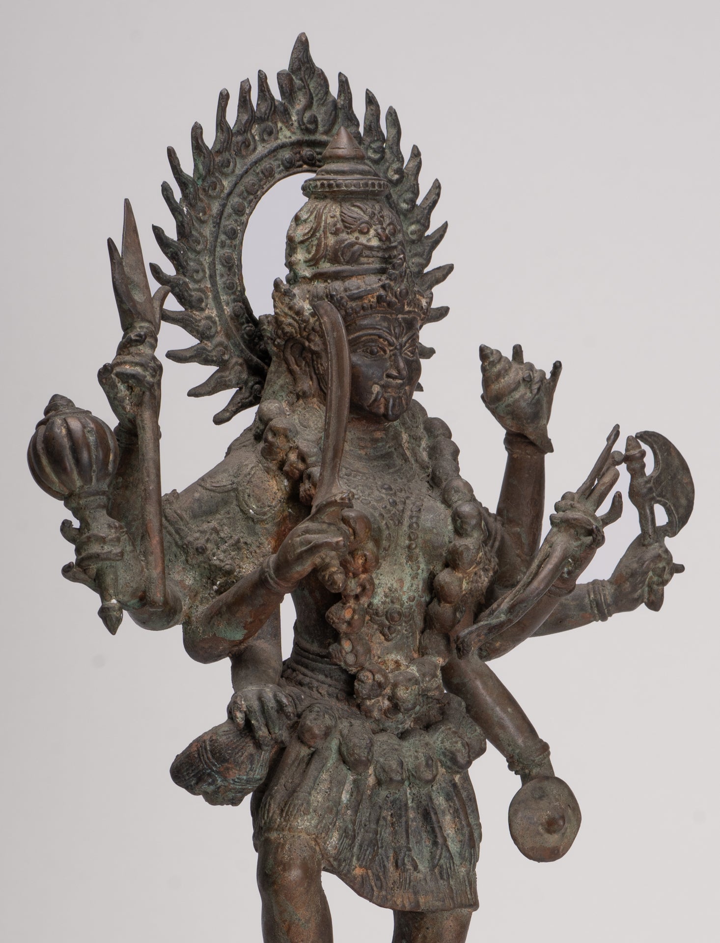 Kali Statue - Antique Java Style Majapahit Bronze Kali Statue on Roaring Lion - 54.5cm/22"