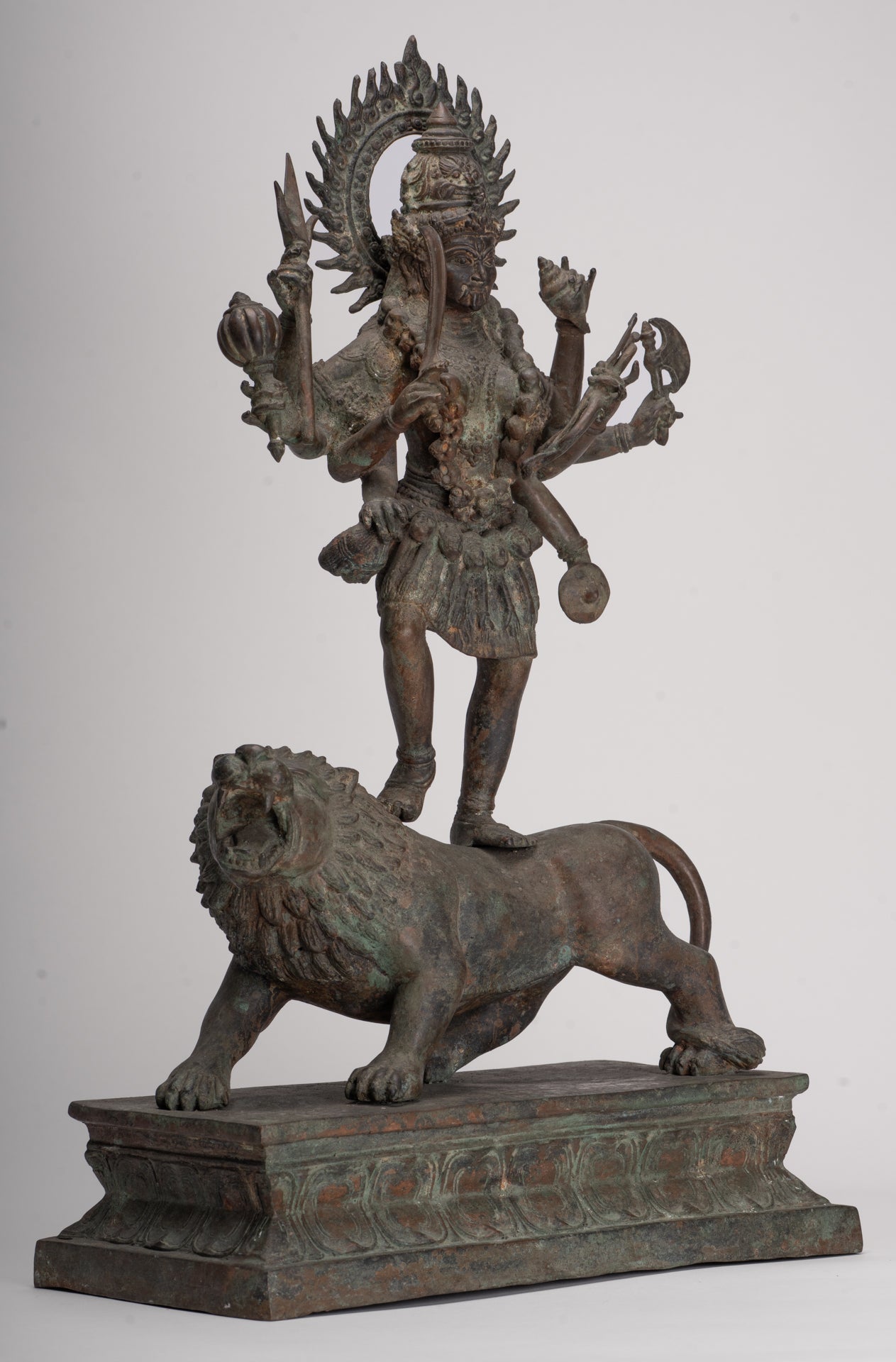 Kali Statue - Antique Java Style Majapahit Bronze Kali Statue on Roaring Lion - 54.5cm/22"