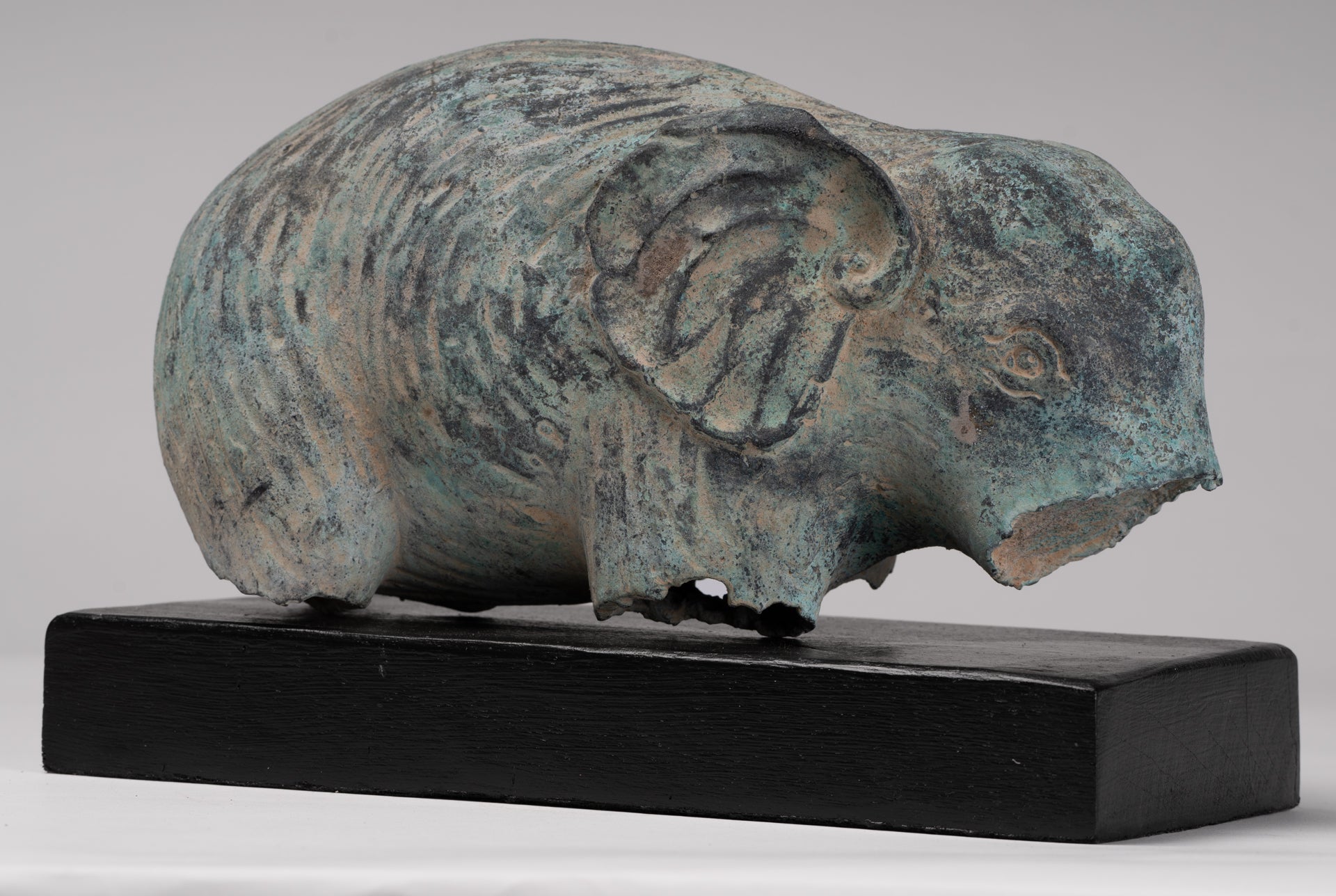 Antique Khmer Style Verdigris Bronze Abstract Elephant Statue - 21cm/8.5"