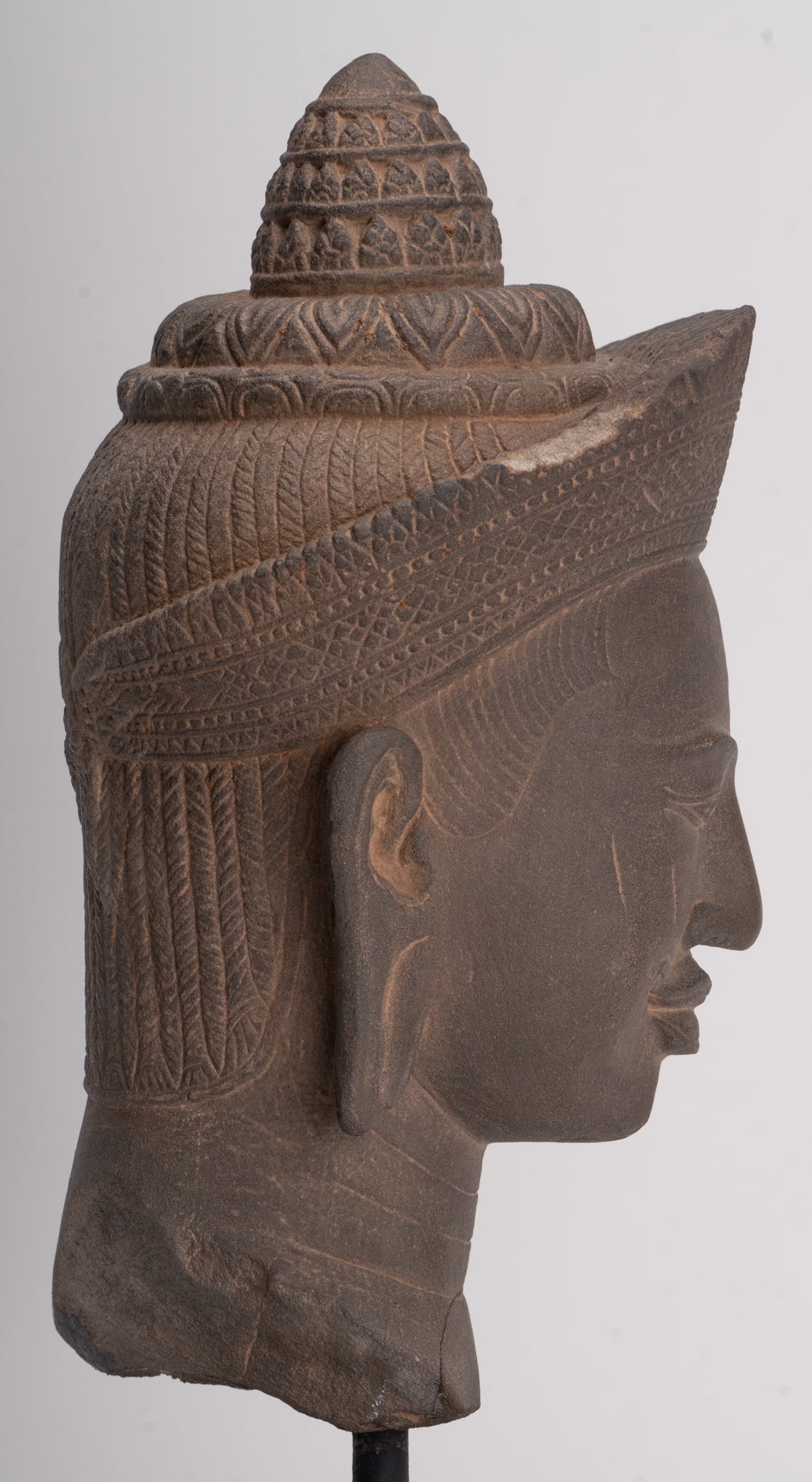 Testa Khmer Vishnu montata su pietra in stile Angkor Wat antico - 29 cm / 12"