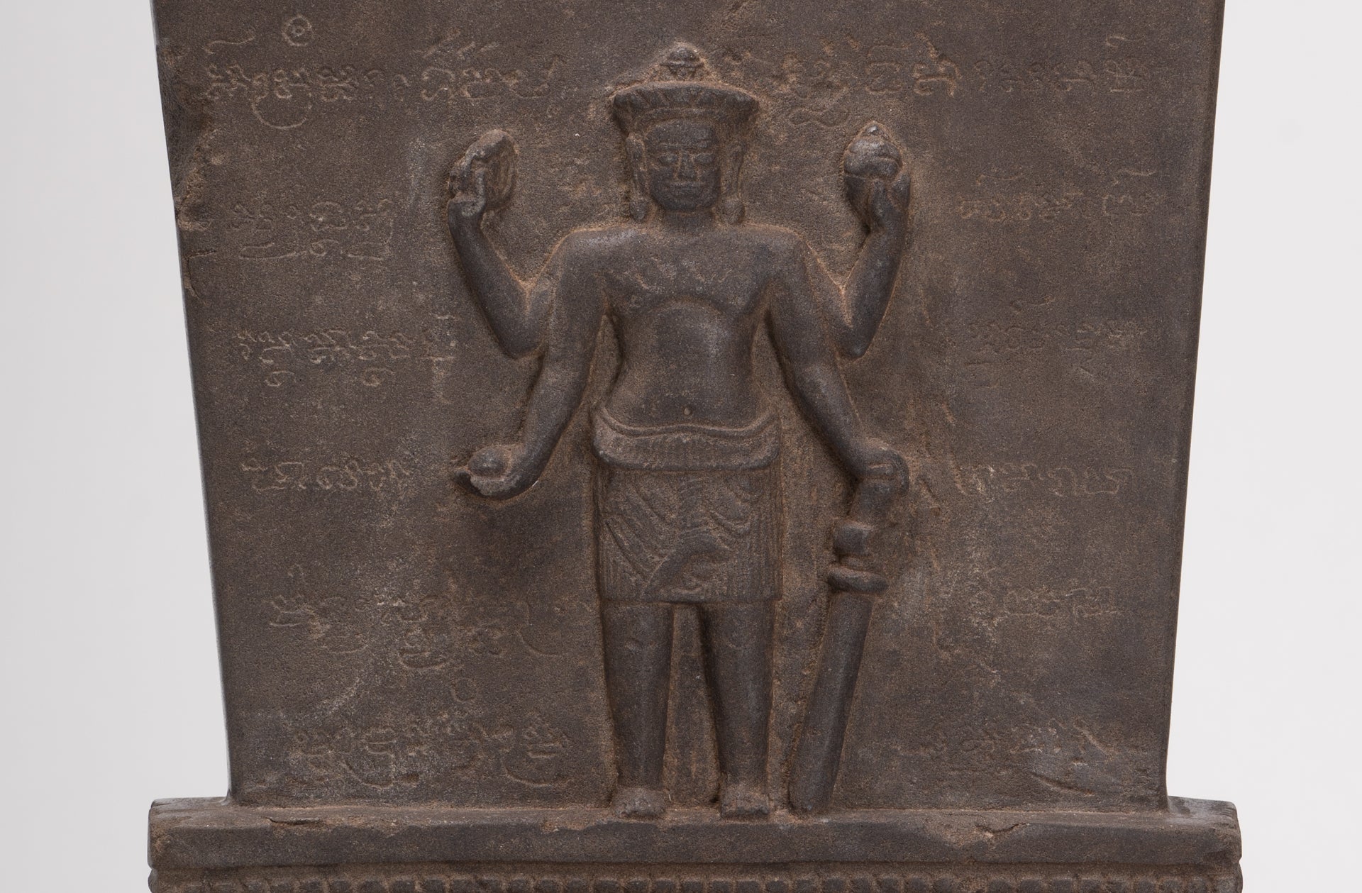 Antique Bayon Style Mounted Stone Stele Vishnu Statue - 42cm/17"