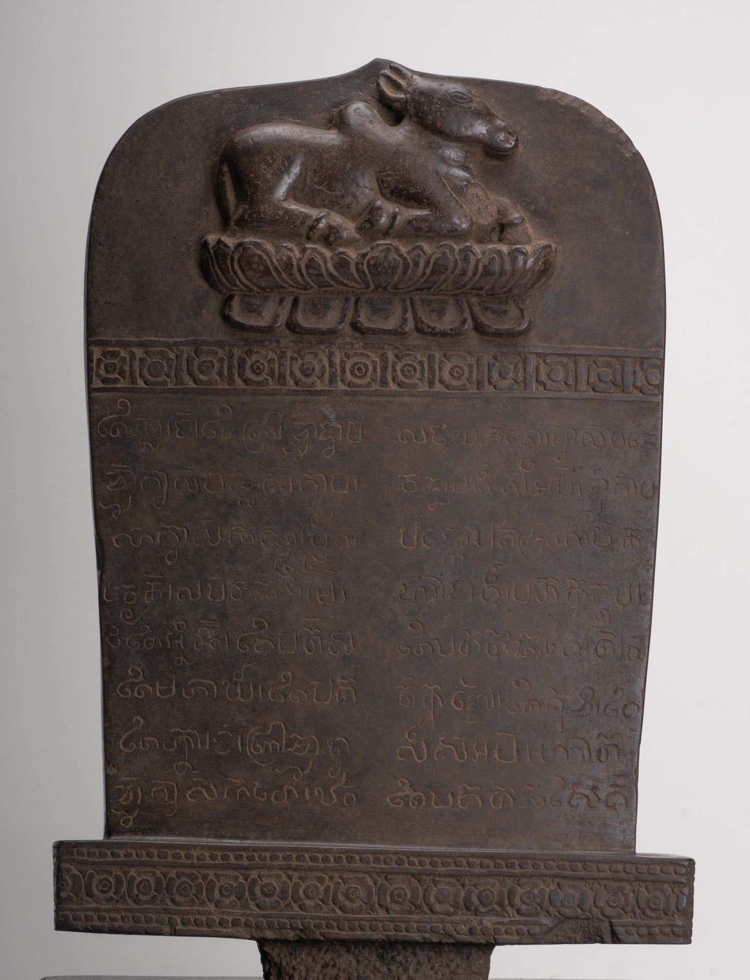 Antique Khmer Style Stone Sanskrit Stele with Nandi - 54cm / 22"