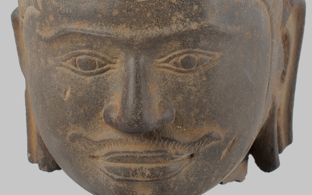 Antique Koh Ker Style Stone Mounted Khmer Vishnu Head - 28cm / 11"