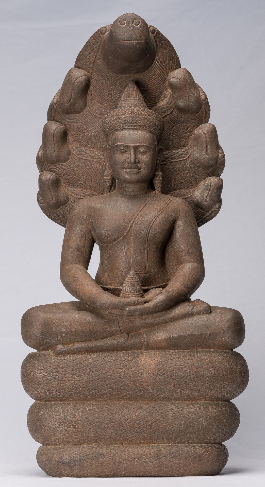 Buddha Statue - Antique Bayon Style Khmer Stone Seated Naga Meditation Buddha - 67cm/27"