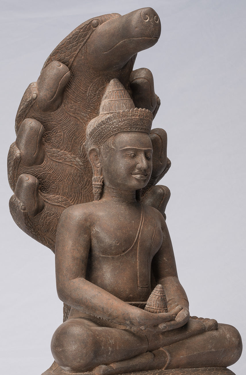 Buddha Statue - Antique Bayon Style Khmer Stone Seated Naga Meditation Buddha - 67cm/27"