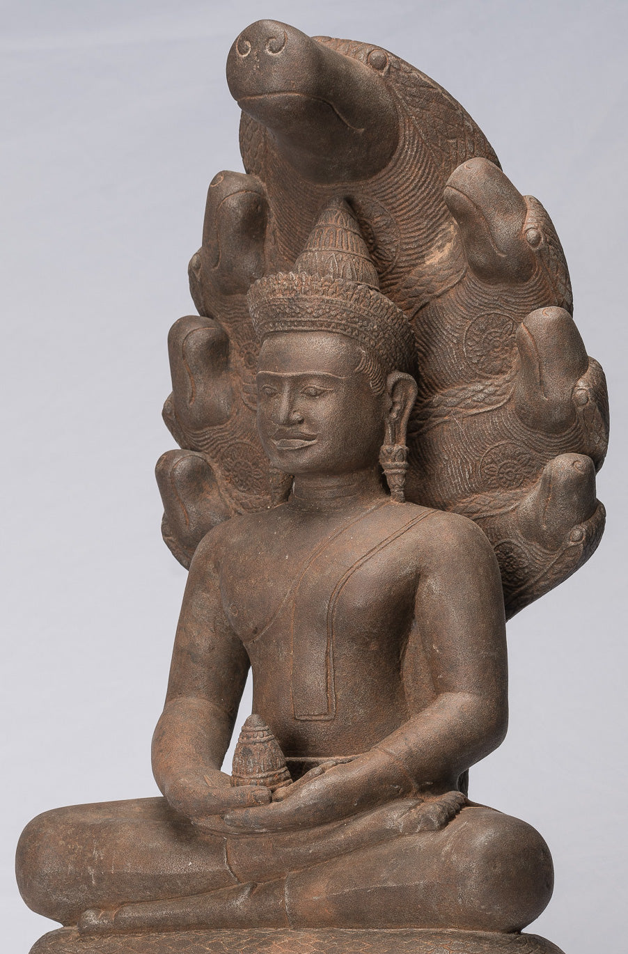 Buddha Statue - Antique Bayon Style Khmer Stone Seated Naga Meditation Buddha - 67cm/27"