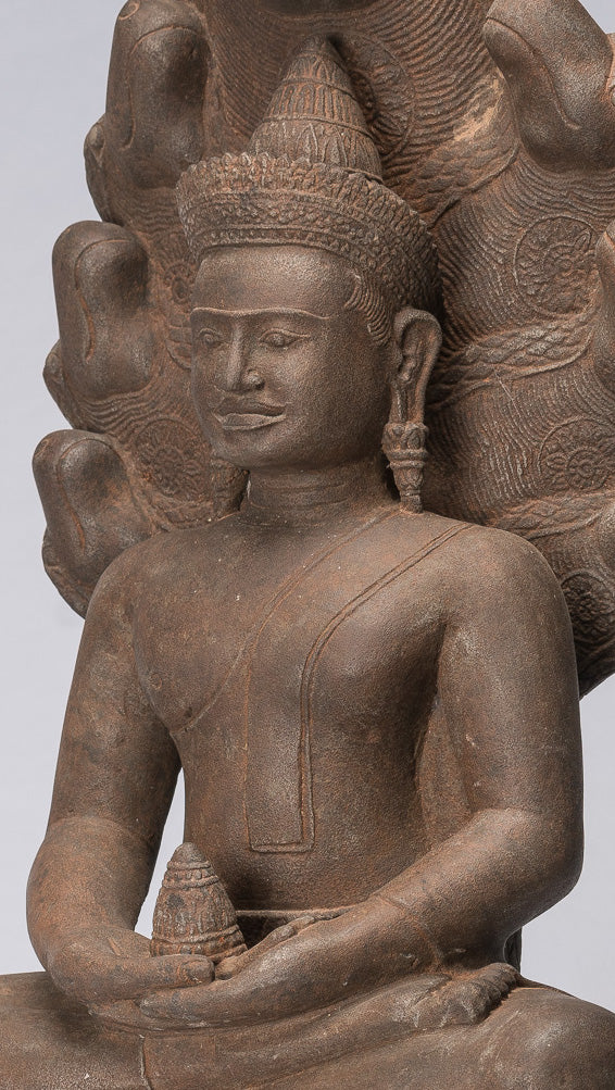 Buddha Statue - Antique Bayon Style Khmer Stone Seated Naga Meditation Buddha - 67cm/27"
