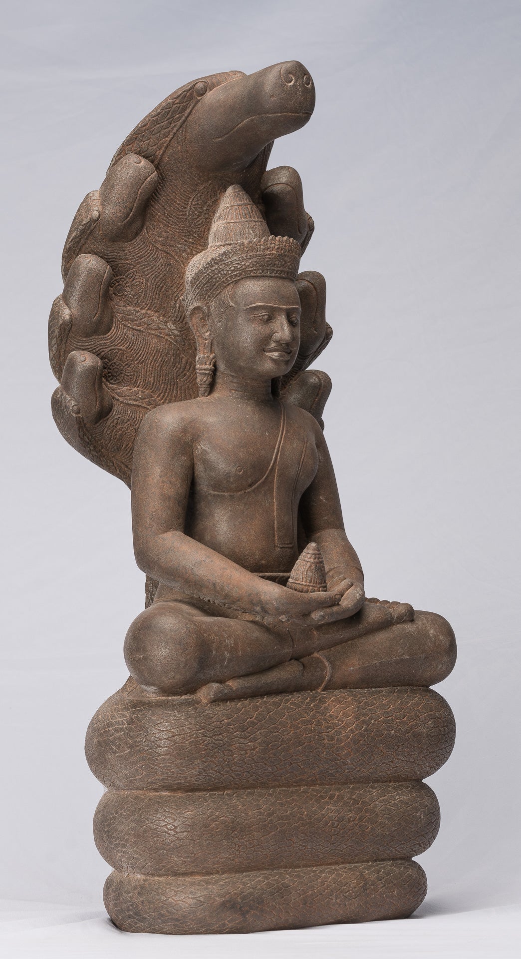 Buddha Statue - Antique Bayon Style Khmer Stone Seated Naga Meditation Buddha - 67cm/27"
