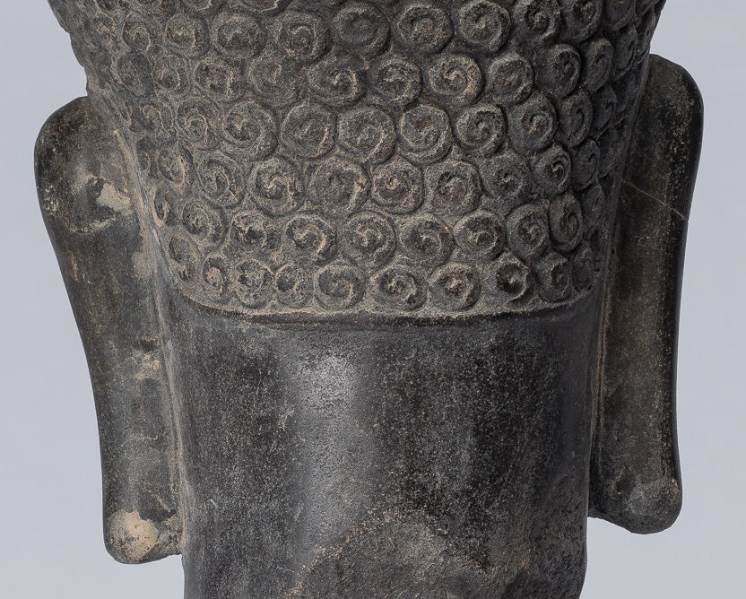 Statue de Shiva - Tête de Shiva en pierre noire de style khmer antique Yaksha et Yakshaswaroop - 31 cm/12"