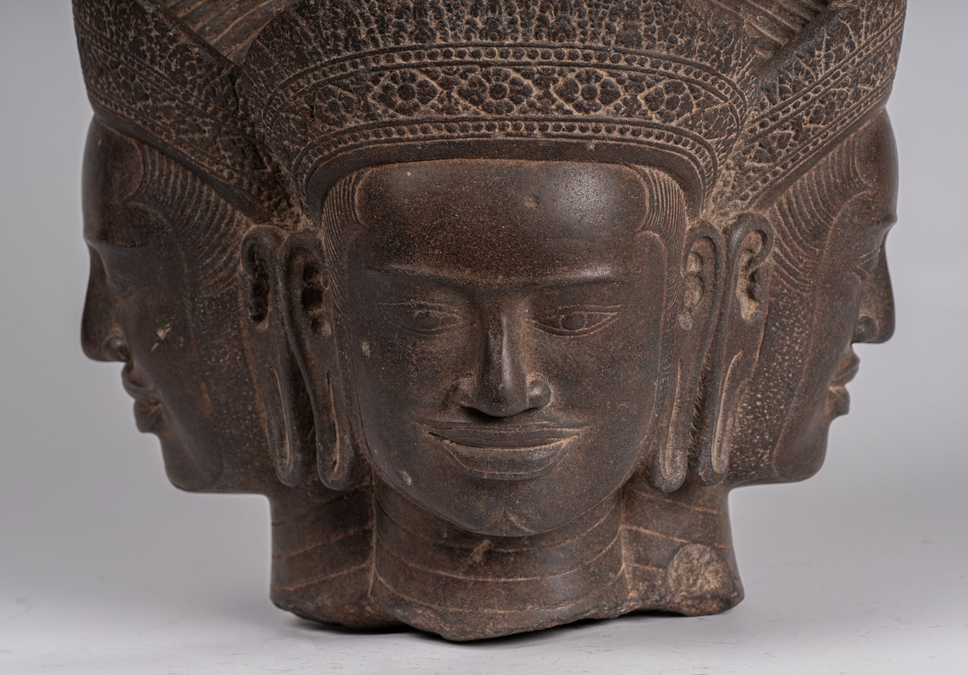 Brahma Statue - Antique Khmer Style Koh Ker Stone Brahma Head - Hindu God Creation - 42cm/17"