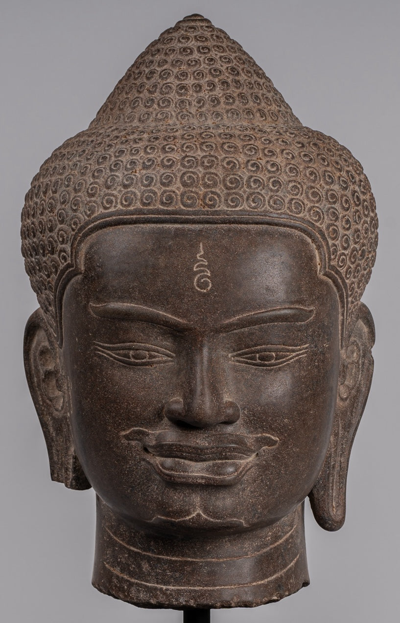 Statue Shiva - Antique Khmer Style Brown Stone Shiva Head Statue - The Destroyer - 52cm/21 "