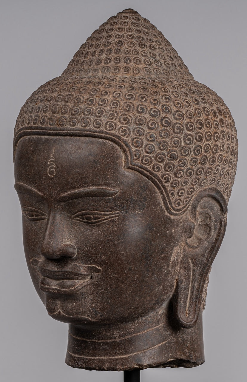 Statue Shiva - Antique Khmer Style Brown Stone Shiva Head Statue - The Destroyer - 52cm/21 "