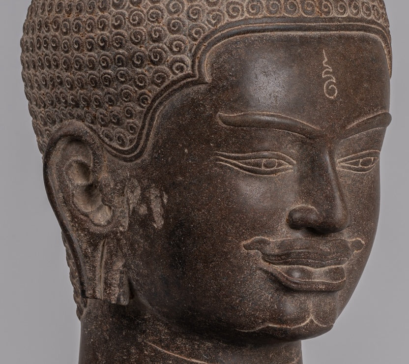 Statue Shiva - Antique Khmer Style Brown Stone Shiva Head Statue - The Destroyer - 52cm/21 "