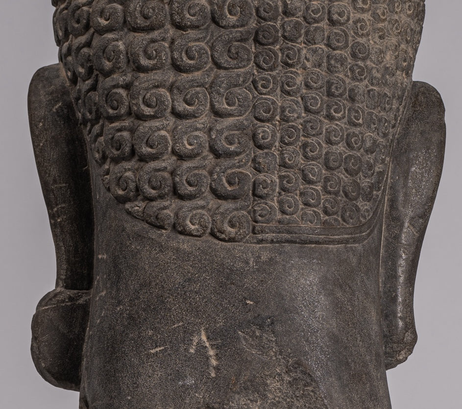 Shiva Statue - Antique Khmer Style Grey Stone Yaksha & Yakshaswaroop Shiva Head- 48cm/19 "