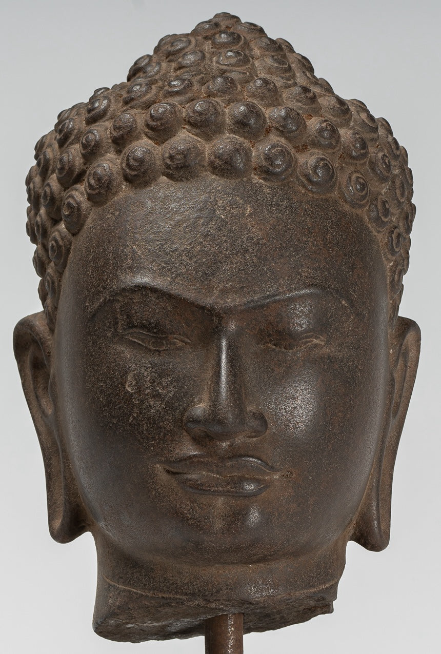 Buddha Statue - Antique Dvaravati Style Thai Stone Buddha Head Statue - 41cm/16"