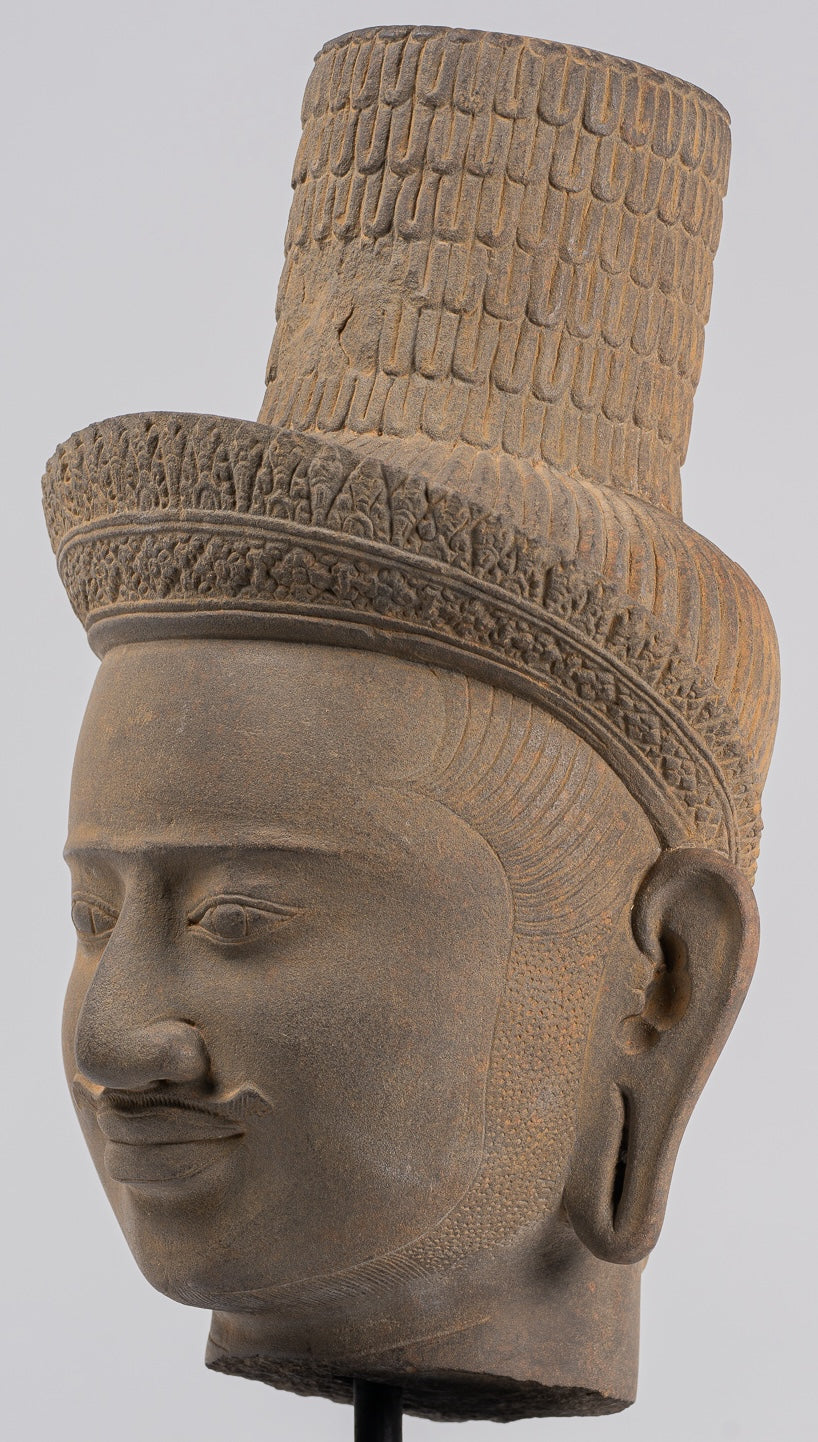 Vishnu Statue - Antique Koh Ker Style Stone Mounted Khmer Vishnu Head - 43cm / 17"