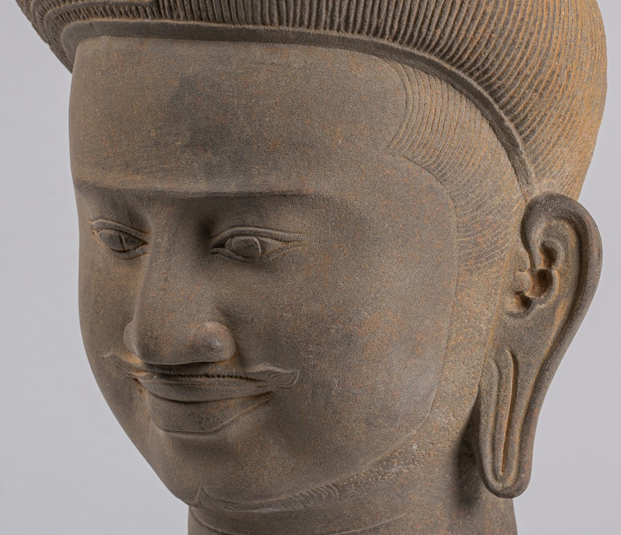 Vishnu Statue - Antique Baphuon Style Stone Mounted Khmer Vishnu Head - 43cm / 17"