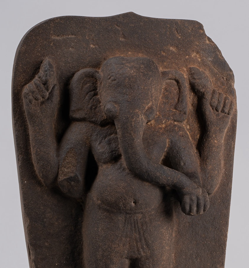 Ganesha Stele - Antique Vietnamese Style Stone Cham Mounted Ganesha Stele - 47cm/19"