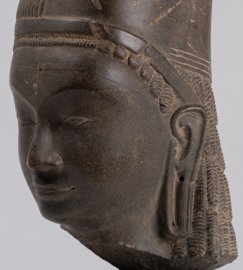 Vishnu-Statue – antiker Phnom-Da-Stil, Stein, Khmer-Hari-Hara oder Vishnu- und Shiva-Kopf – 44 cm