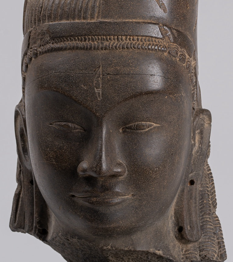 Vishnu Statue - Antique Phnom Da Style Stone Khmer Hari Hara or Vishnu & Shiva Head - 44cm/18"