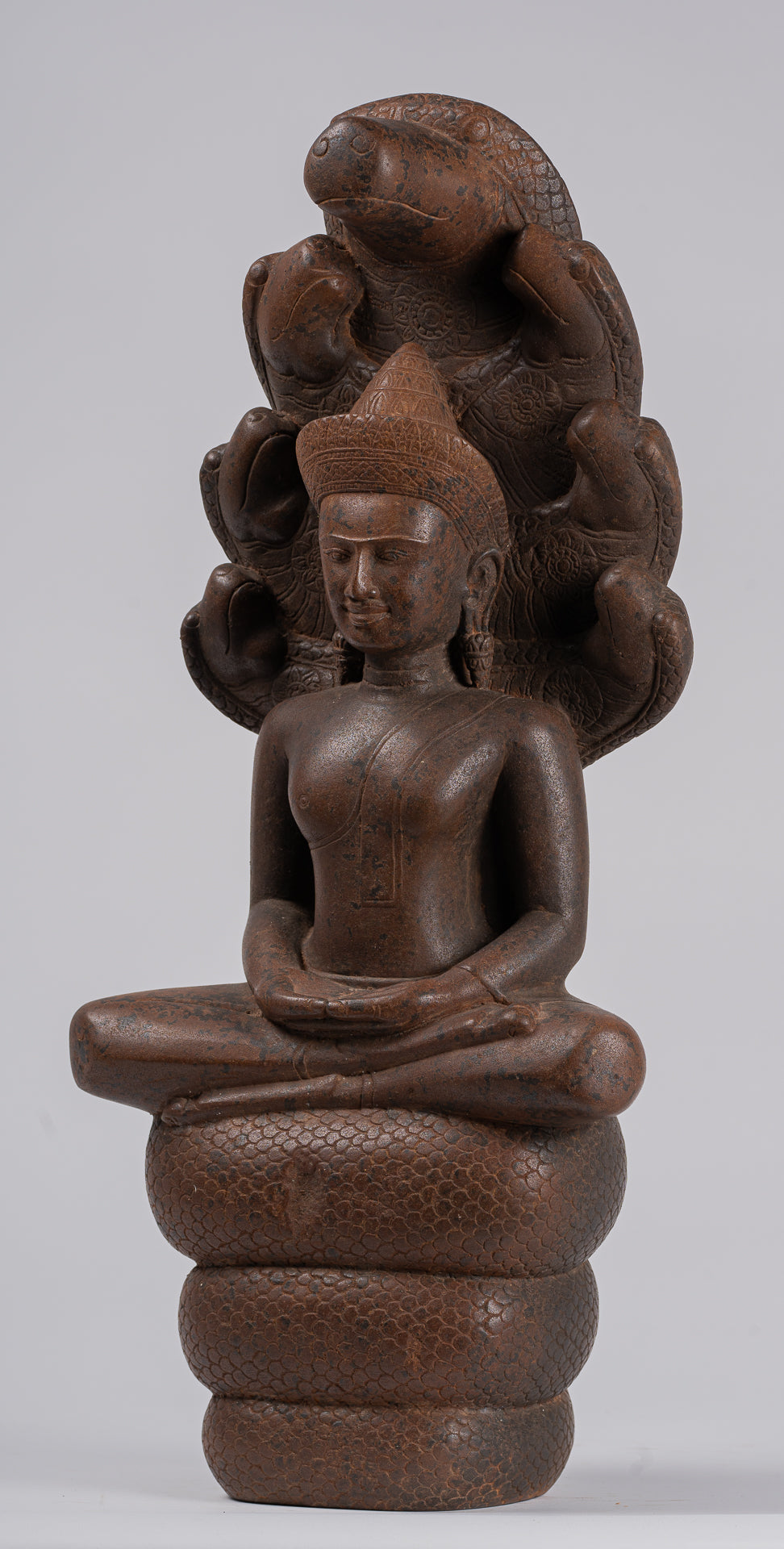 Buddha Statue - Antique Bayon Style Khmer Stone Seated Naga Meditation Buddha - 55cm/22"