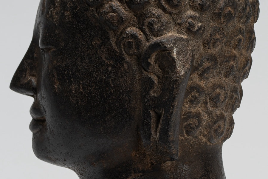 Buddha Statue - Antique Dvaravati Style Thai Stone Buddha Head Statue - 22cm/9"