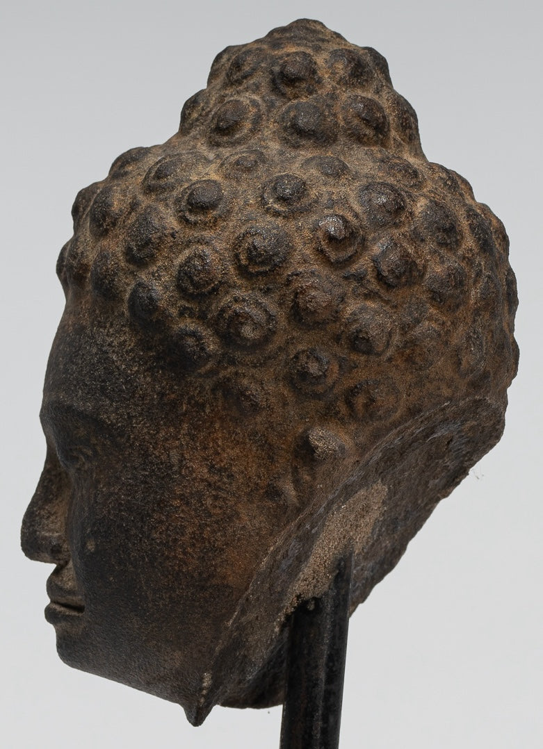 Stone Buddha Statue - Antique Khmer Style Stone Phnom Da Buddha Head - 23cm/9"