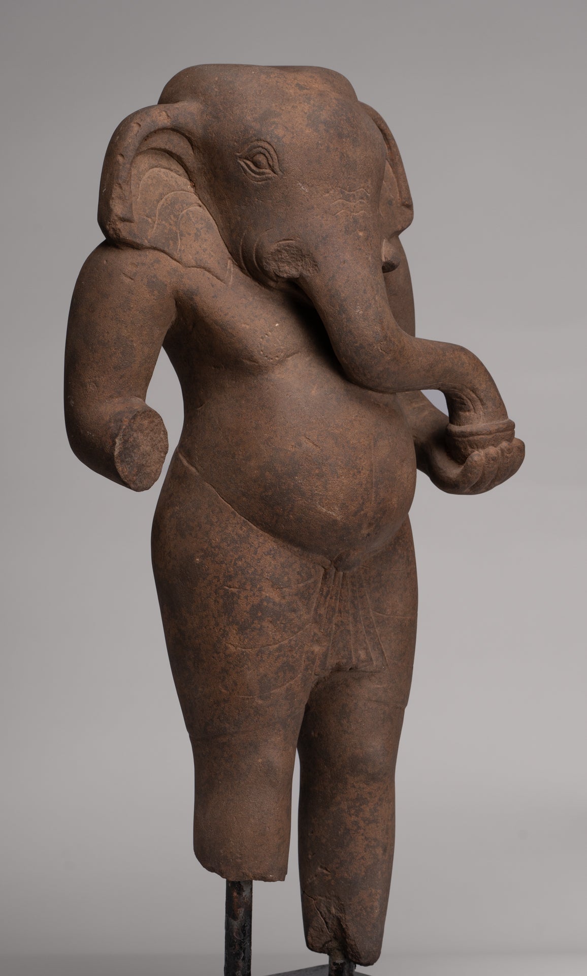 Ganesha Statue - Antique Vietnamese Style Stone Cham Mounted Ganesha Torso Statue - 67cm/27"