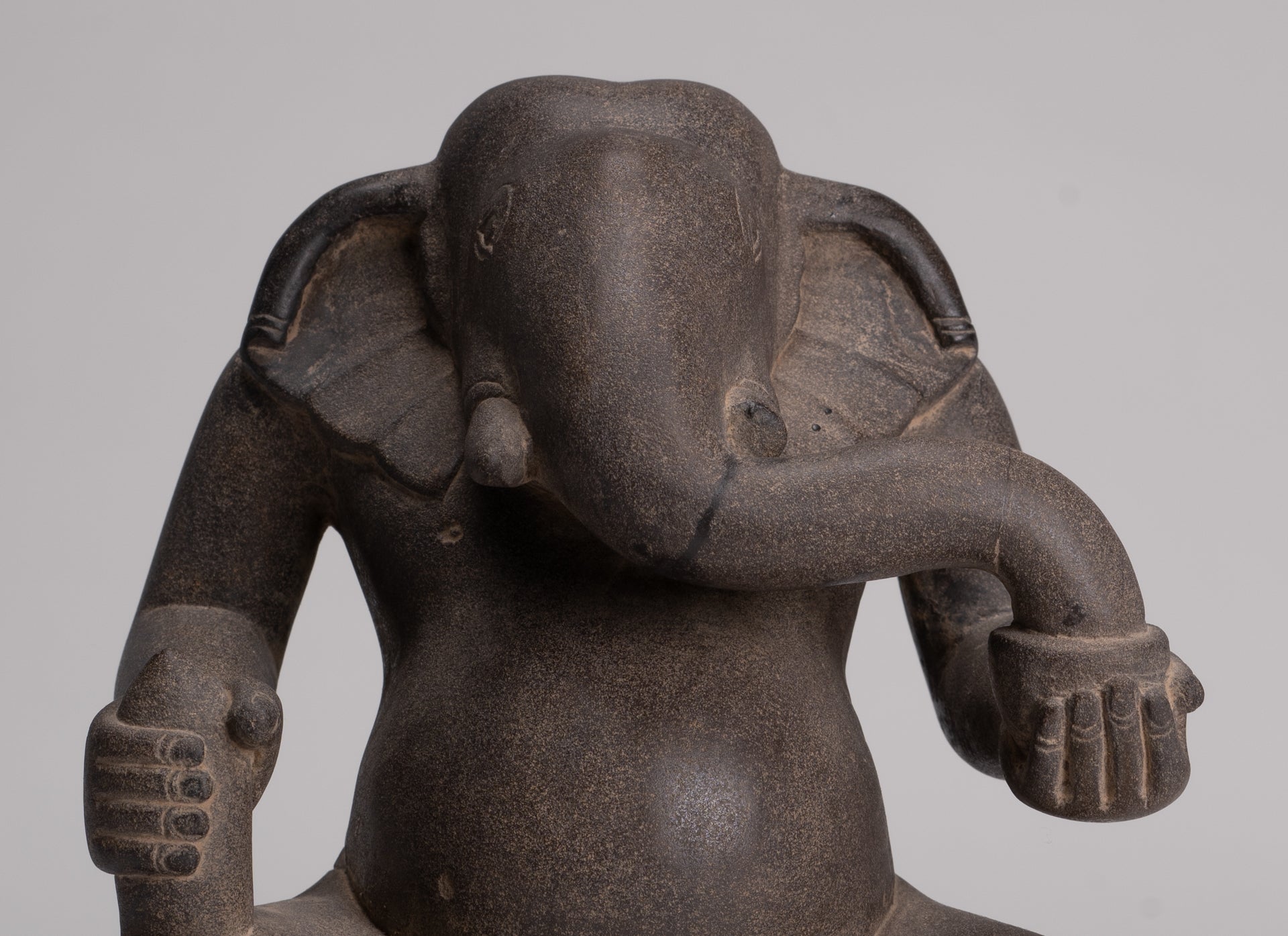 Antique Cham Style Vietnamese Seated Stone Ganesha Statue - 19cm/8"