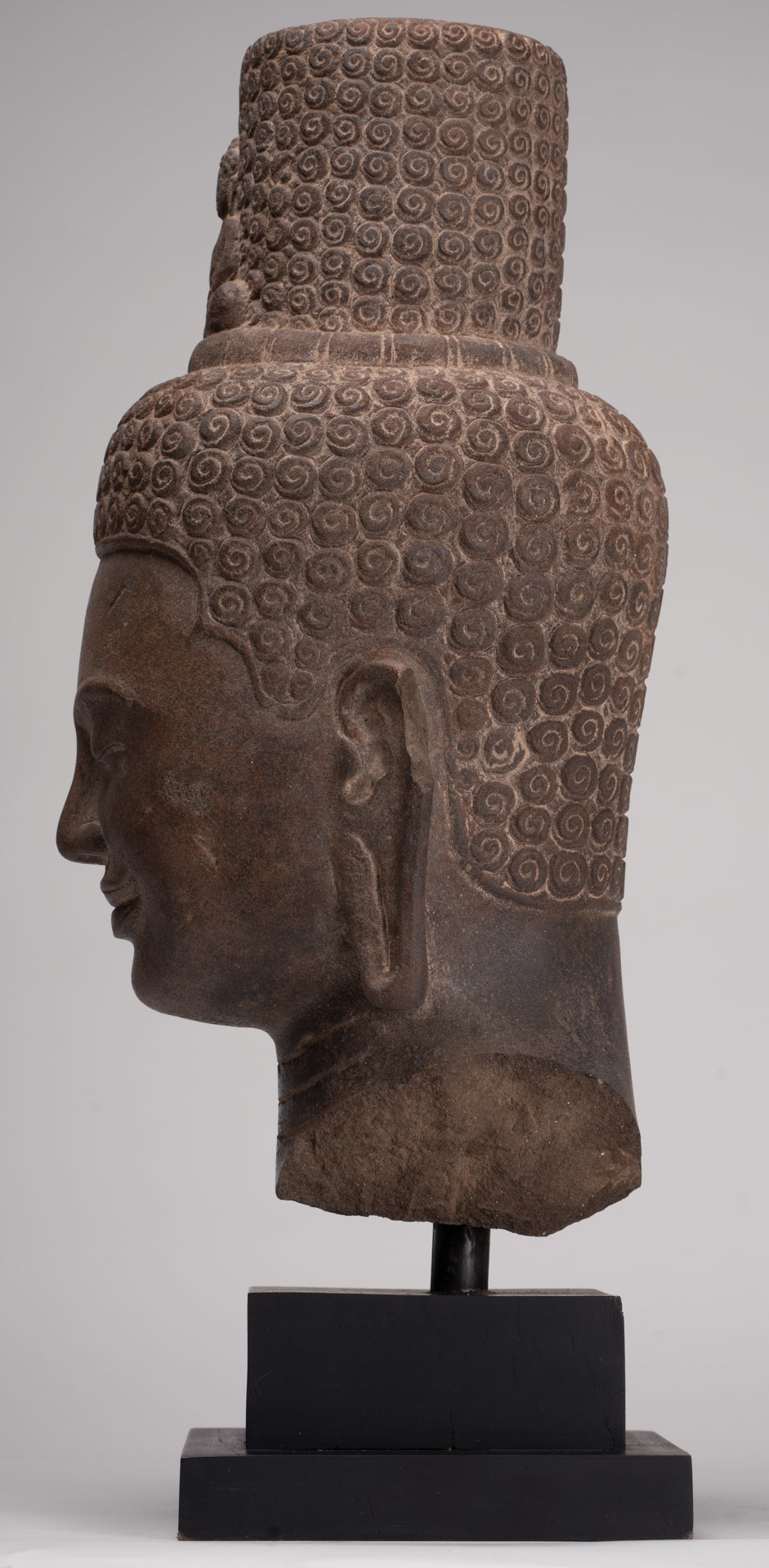 Lokeshvara Statue - Antique Khmer Style Mounted Stone Bayon Style Lokeshvara Head - 48cm/19"