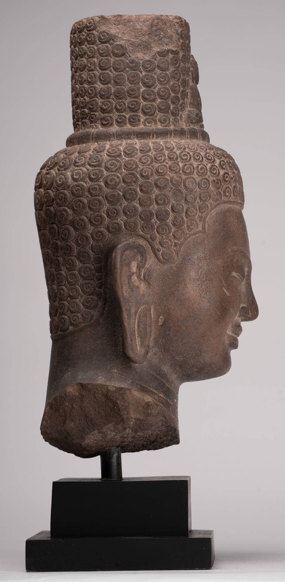 Lokeshvara Statue - Antique Khmer Style Mounted Stone Bayon Style Lokeshvara Head - 48cm/19"