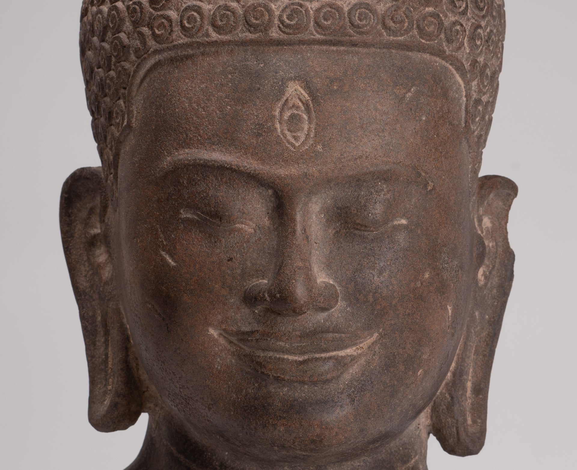 Lokeshvara Statue - Antique Khmer Style Mounted Stone Bayon Style Lokeshvara Head - 48cm/19"