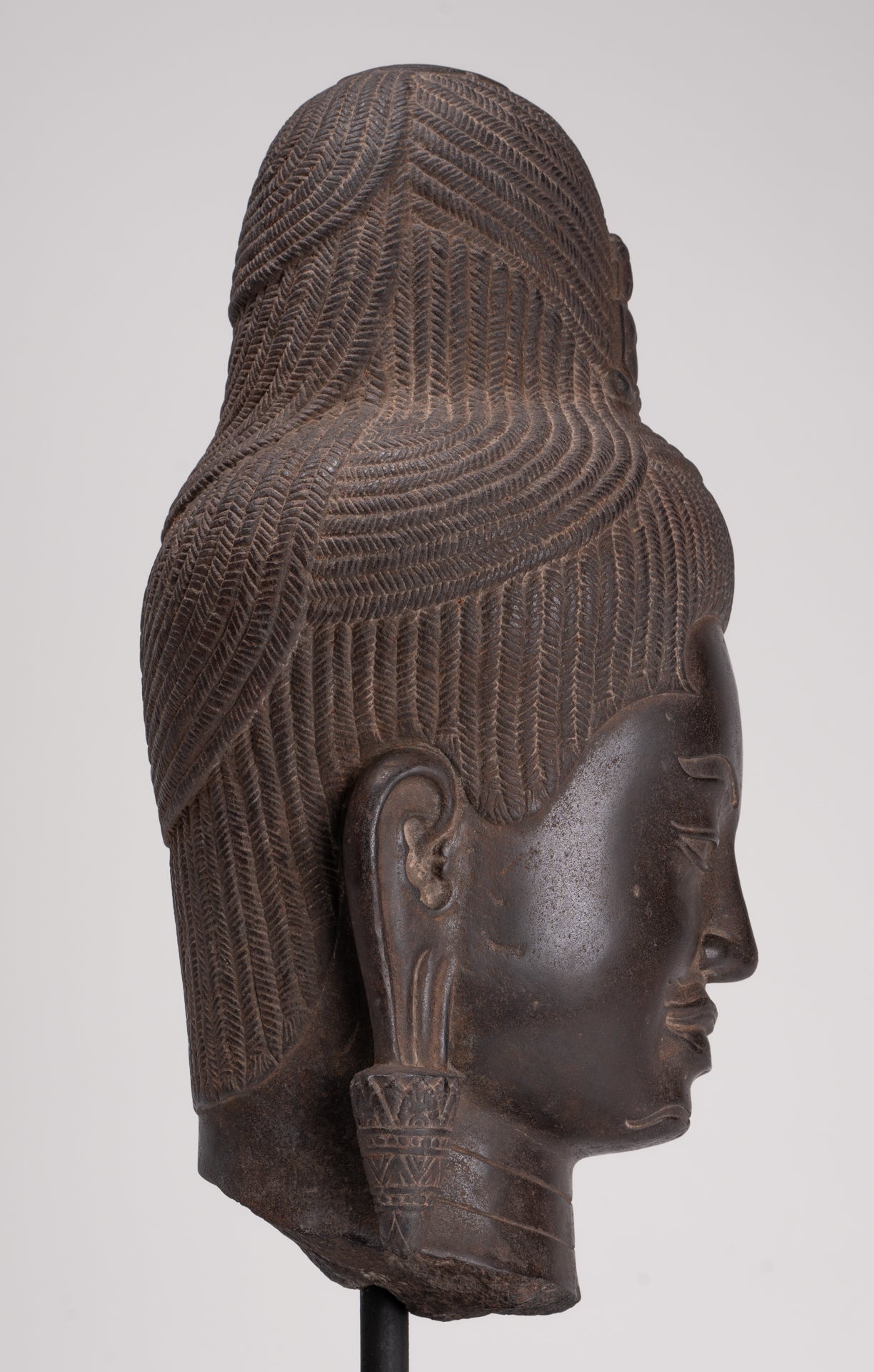 Lokeshvara Statue - Antique Khmer Style Mounted Stone Baphuon Style Lokeshvara Head - 55cm/22"