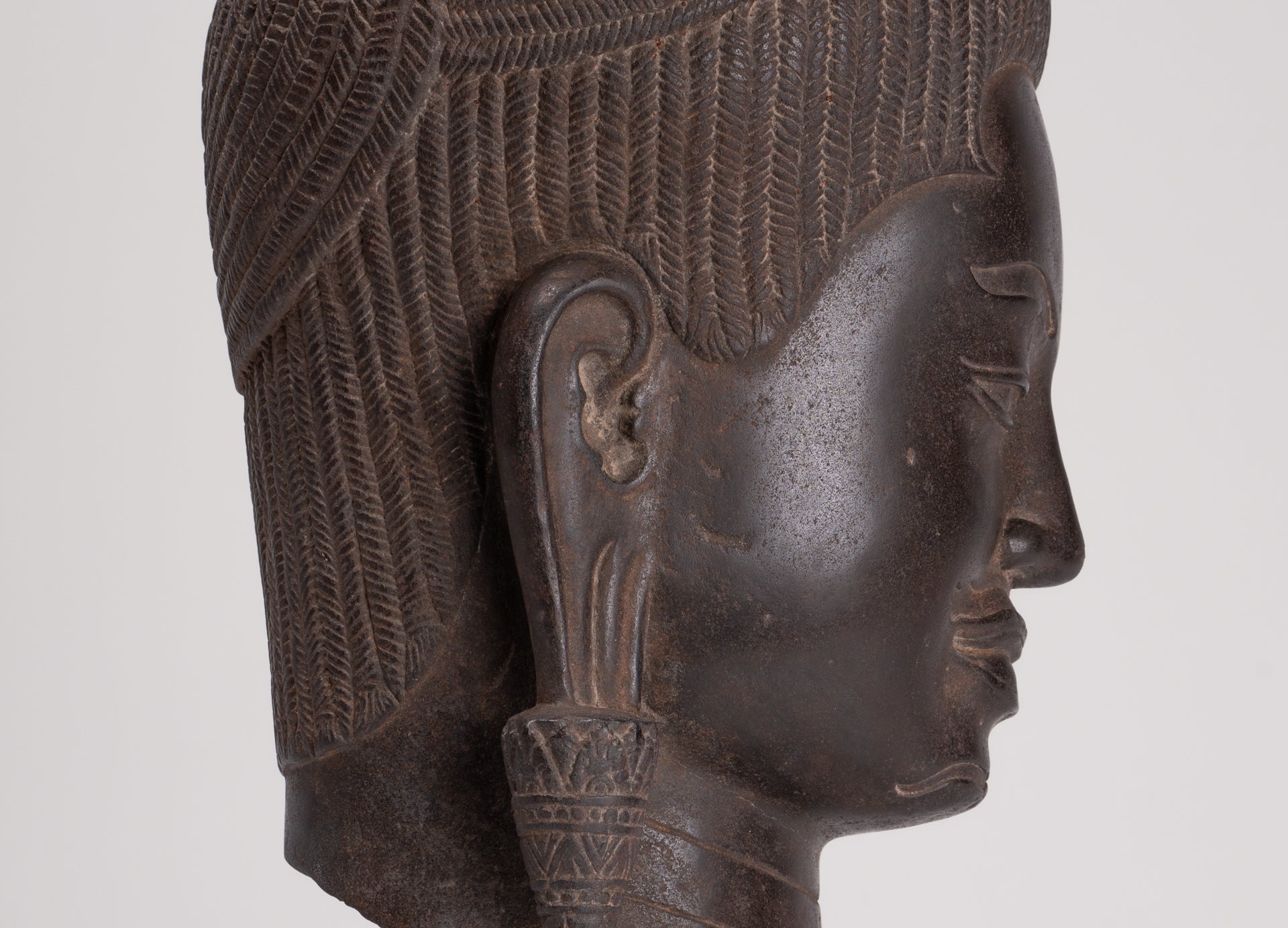 Lokeshvara Statue - Antique Khmer Style Mounted Stone Baphuon Style Lokeshvara Head - 55cm/22"