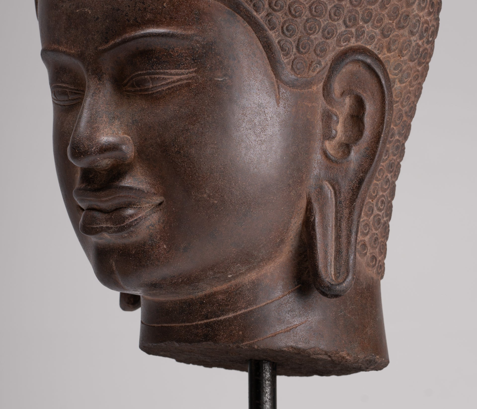 Buddha Statue - Antique Pre-Angkor Style Mounted Stone Khmer Buddha Head - 55cm/22" Tall