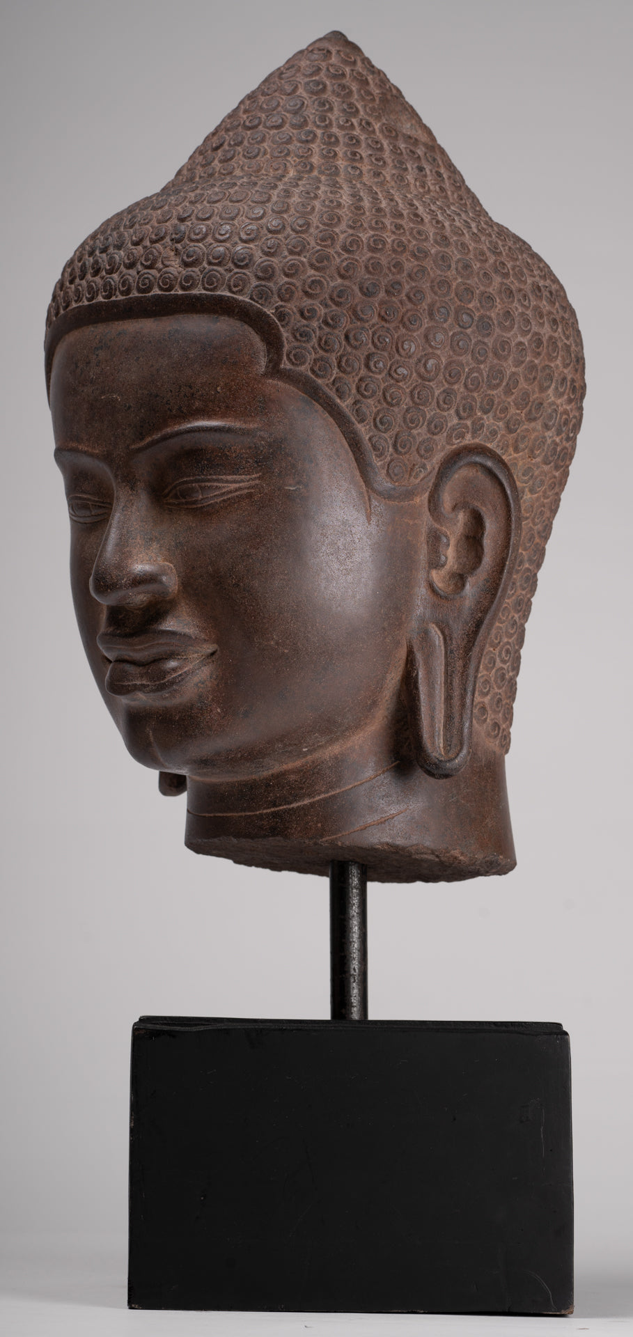 Buddha Statue - Antique Pre-Angkor Style Mounted Stone Khmer Buddha Head - 55cm/22" Tall