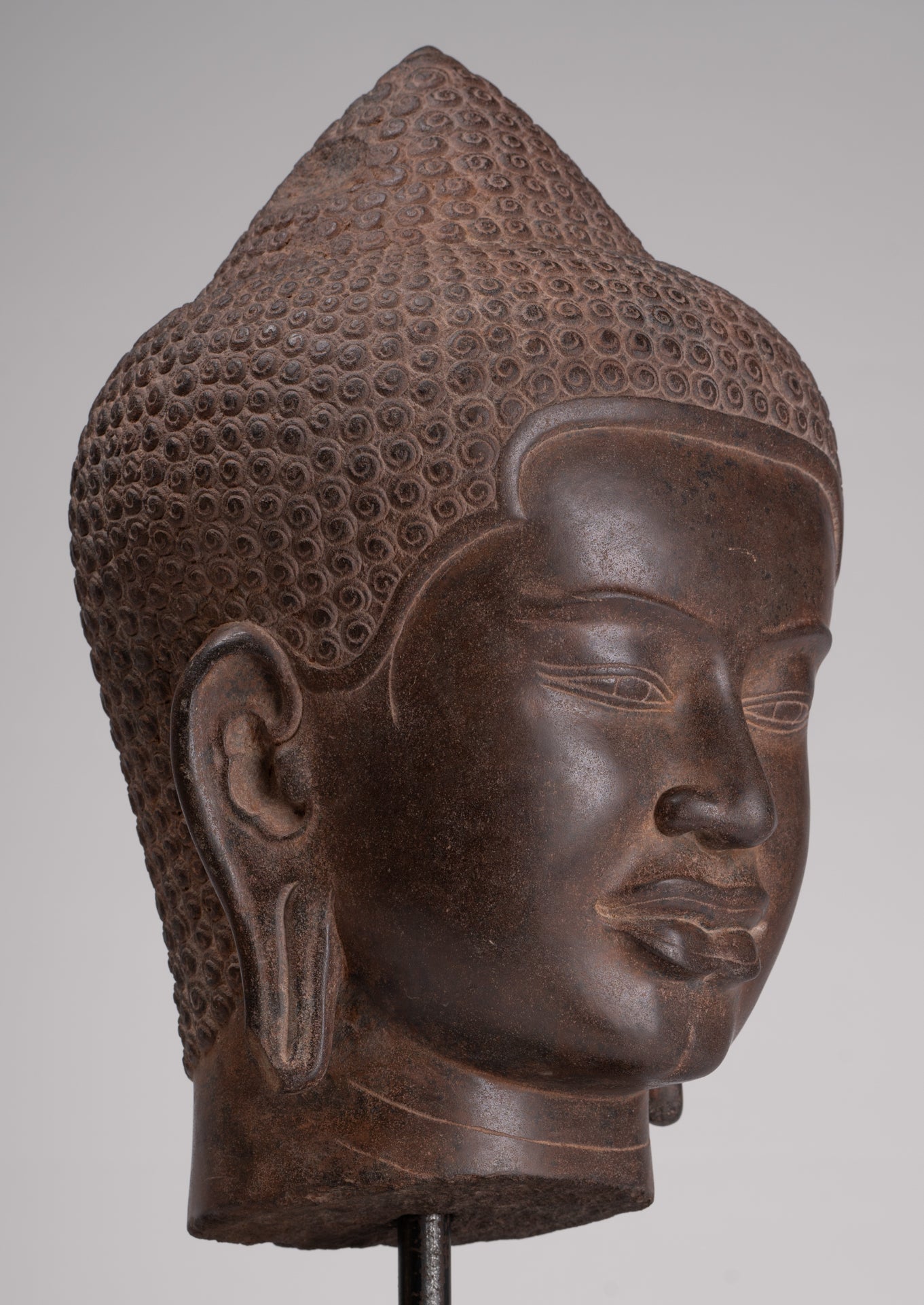 Buddha Statue - Antique Pre-Angkor Style Mounted Stone Khmer Buddha Head - 55cm/22" Tall
