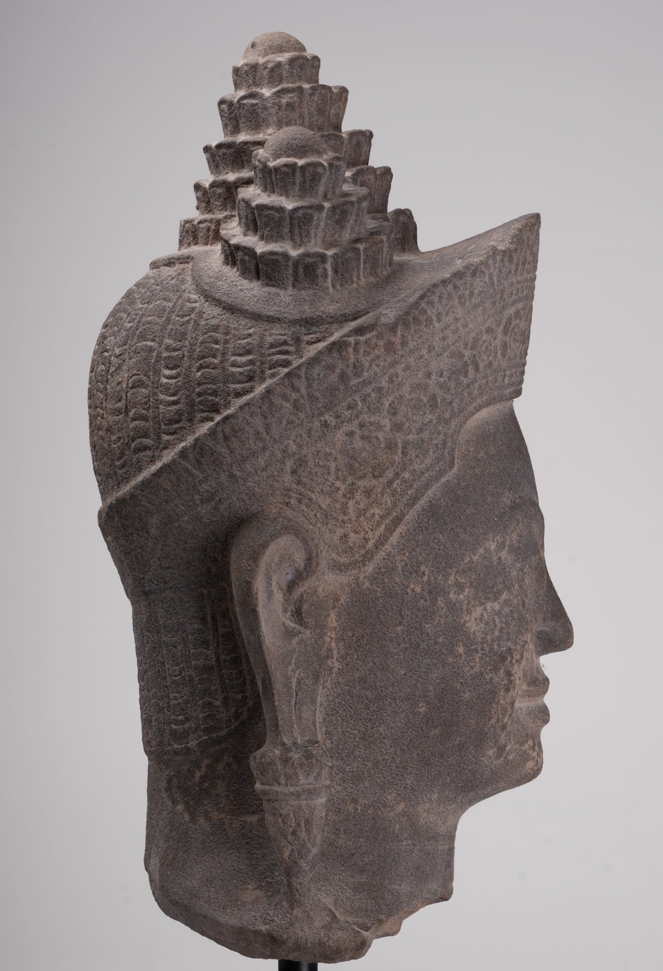 Jayavarman Statue - Antique Khmer Style Mounted Stone Jayavarman VII Head Statue - 53cm/21"