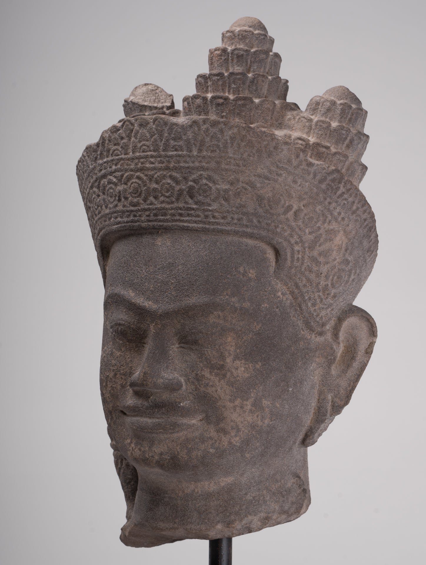 Jayavarman Statue - Antique Khmer Style Mounted Stone Jayavarman VII Head Statue - 53cm/21"
