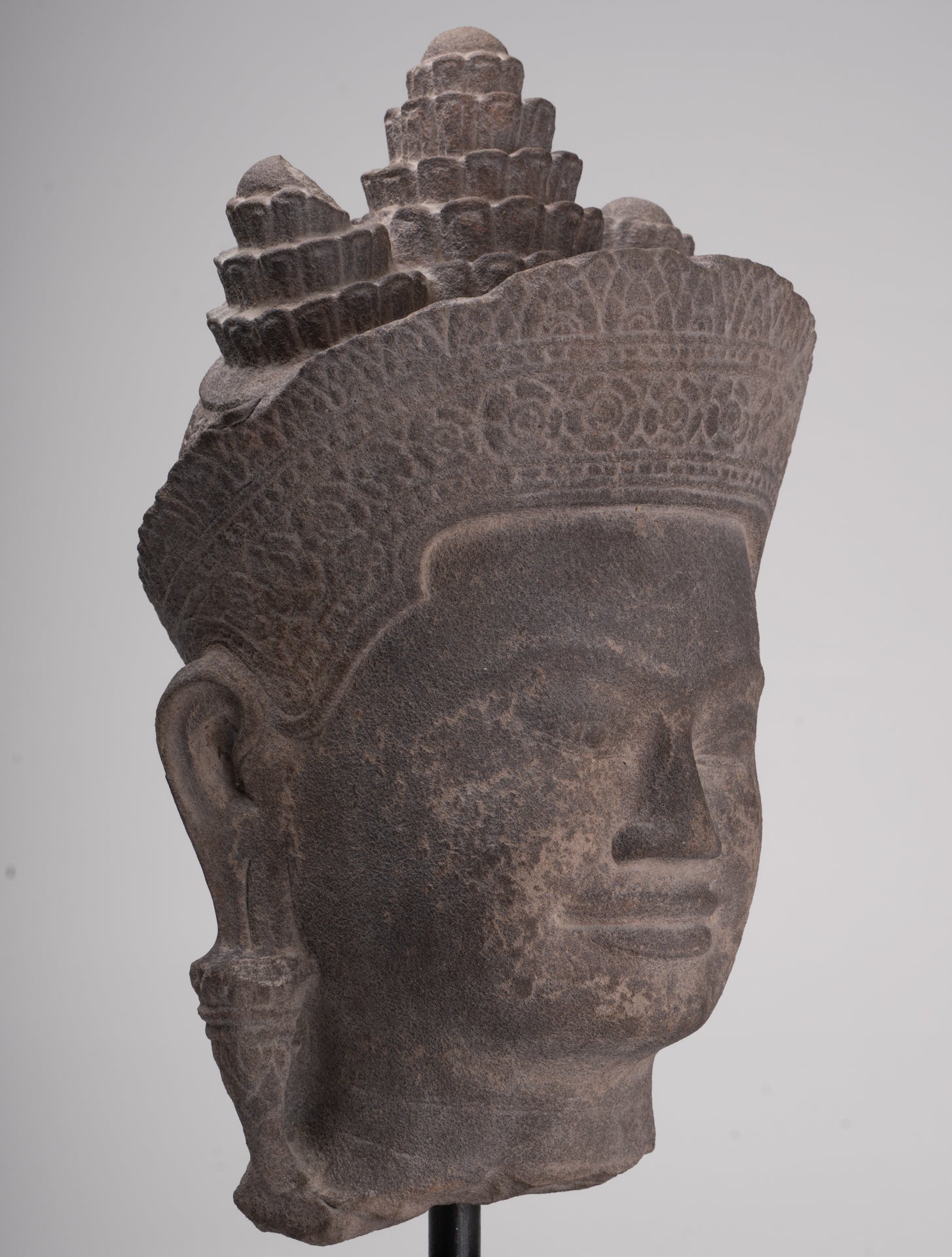 Jayavarman Statue - Antique Khmer Style Mounted Stone Jayavarman VII Head Statue - 53cm/21"